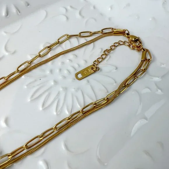 Double Layered 18k Gold Plated Necklace Chain Choker Layered Necklace Gold - Picture 7 of 10